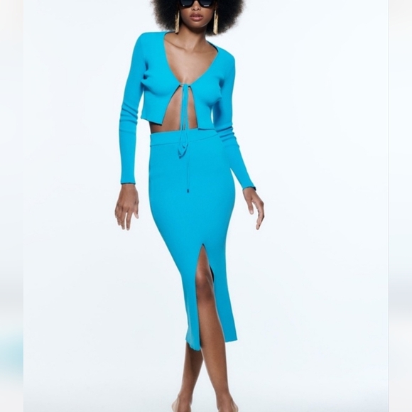 ZARA Ribbed Knit High-waist Midi Skirt w/ Elastic Waistband BackVent.Aqua Blue.M - Picture 7 of 16